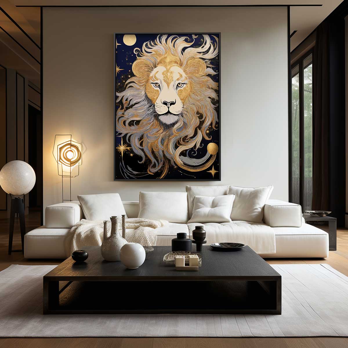 Majestueuze Leeuw in Gouden Nacht Kunstwerk-canvas-dibond-plexiglas-wanddecoratie-WallArtistic