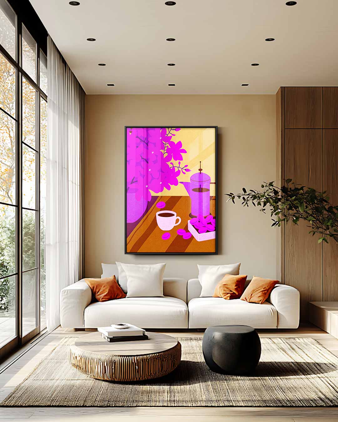 Koffieochtend Met Bloesems Kunstwerk-canvas-dibond-plexiglas-wanddecoratie-WallArtistic