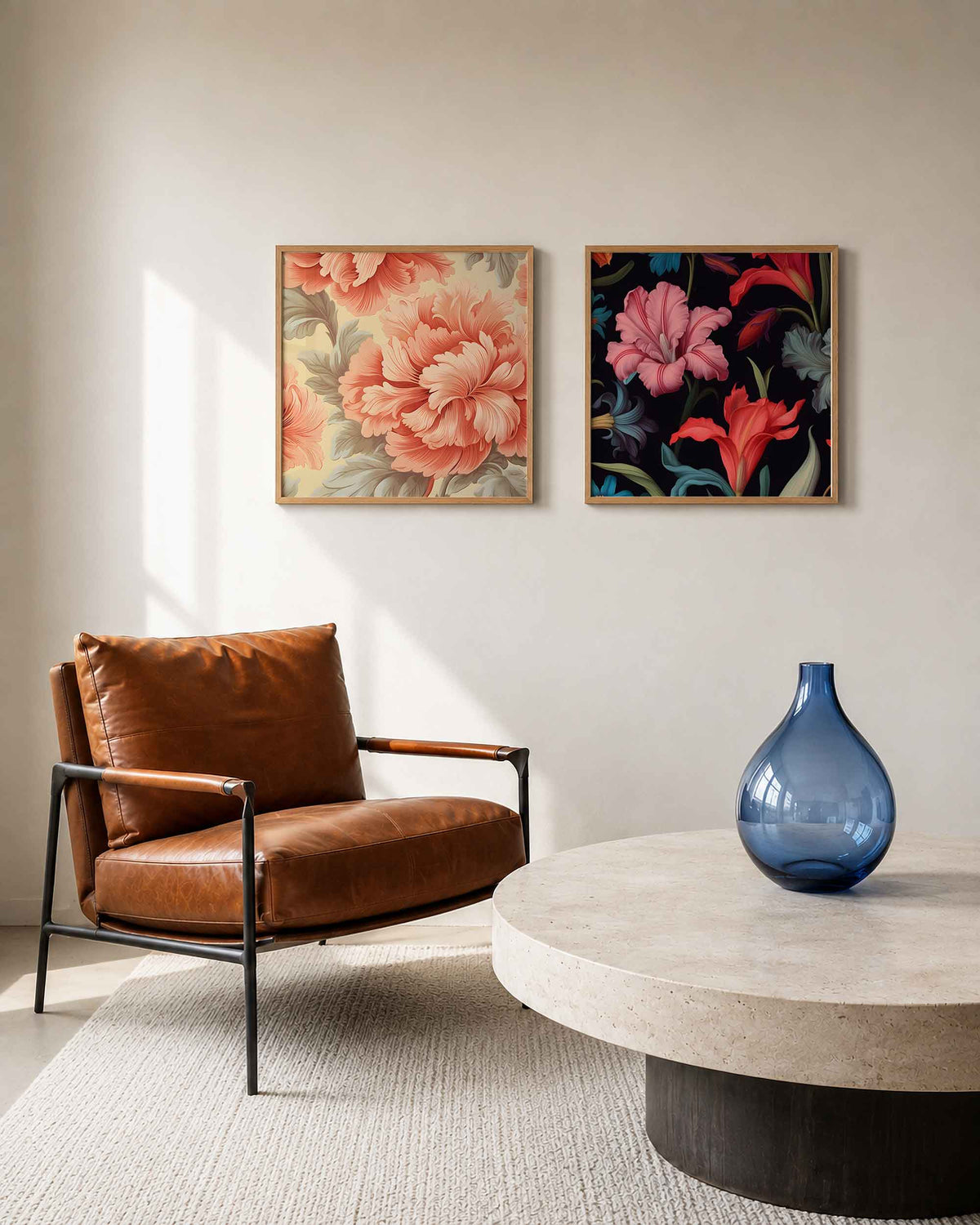 Interieurpresentatie van een tweedelige vierkante posterset met bloemen in koraal