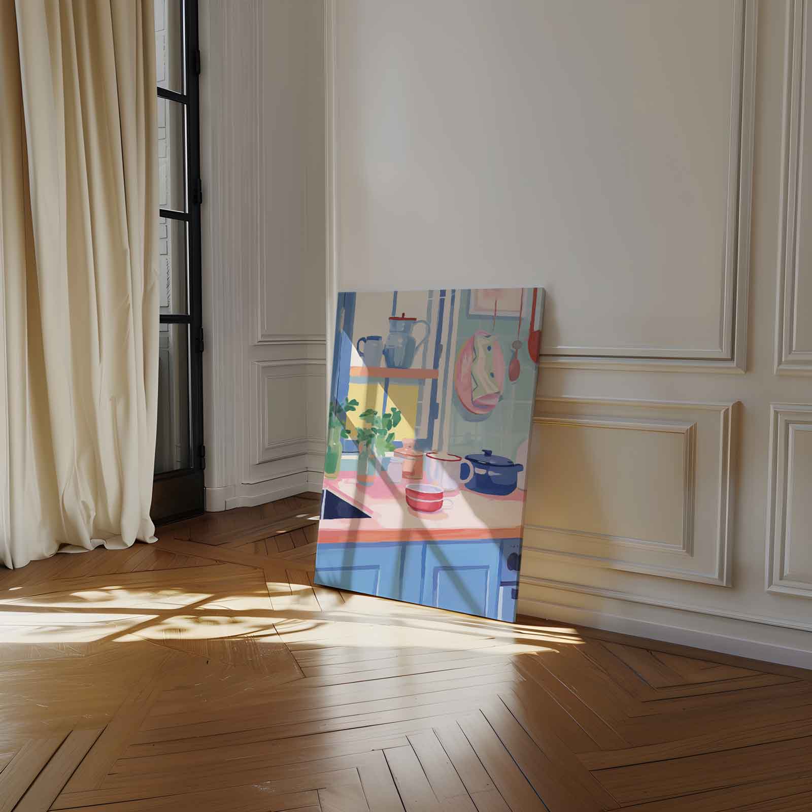 Vrolijk Keukenhoekje in Pasteltinten Kunstwerk-canvas-dibond-plexiglas-wanddecoratie-WallArtistic