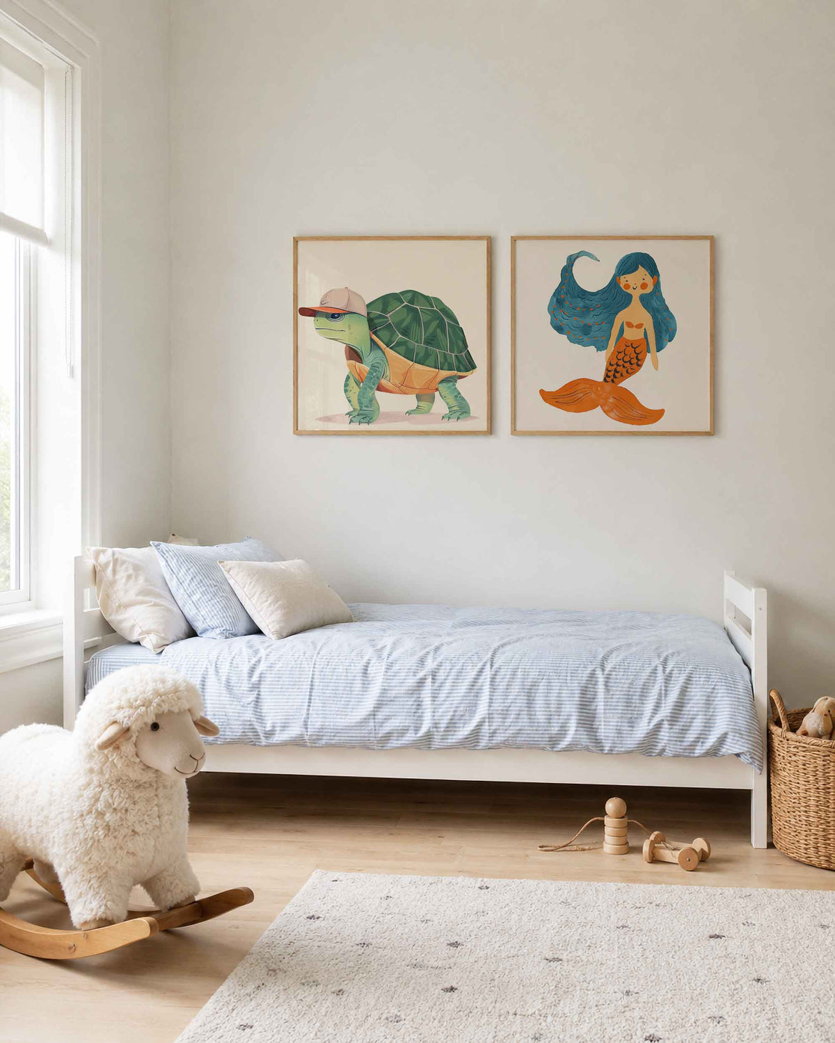 Interieurpresentatie van een tweedelige vierkante posterset met schildpad en zeemeermin