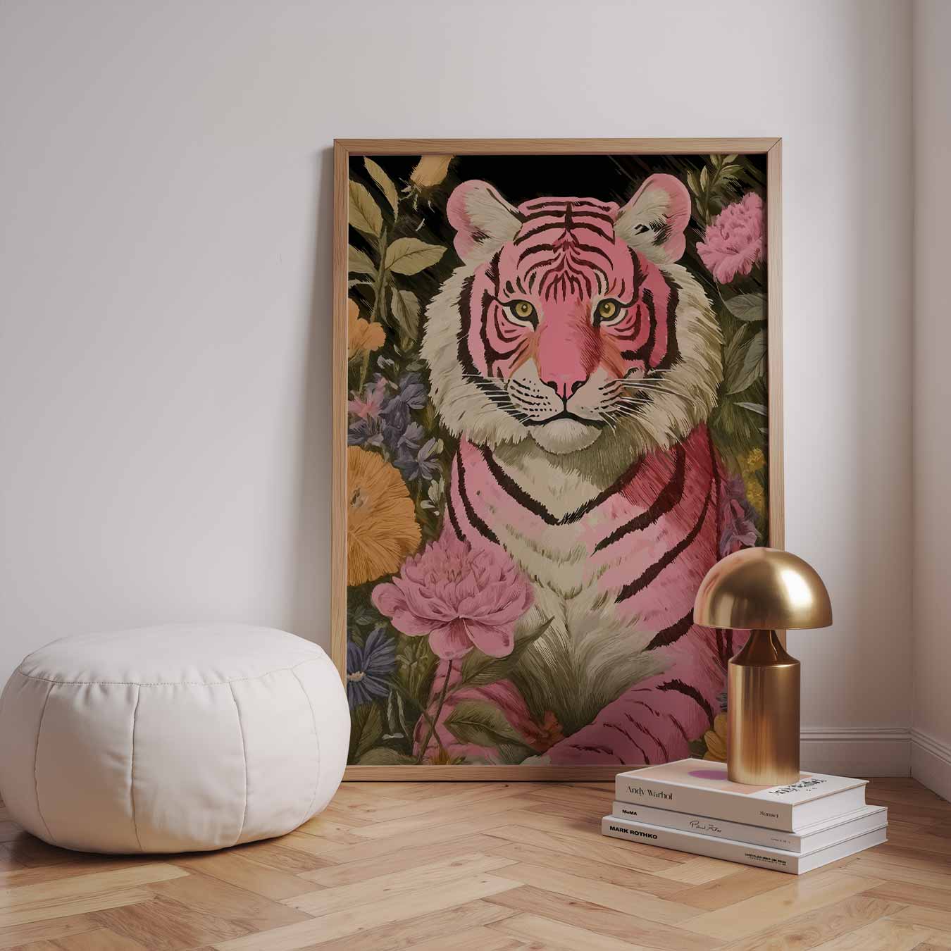 Roze Tijger met Bloemen Poster