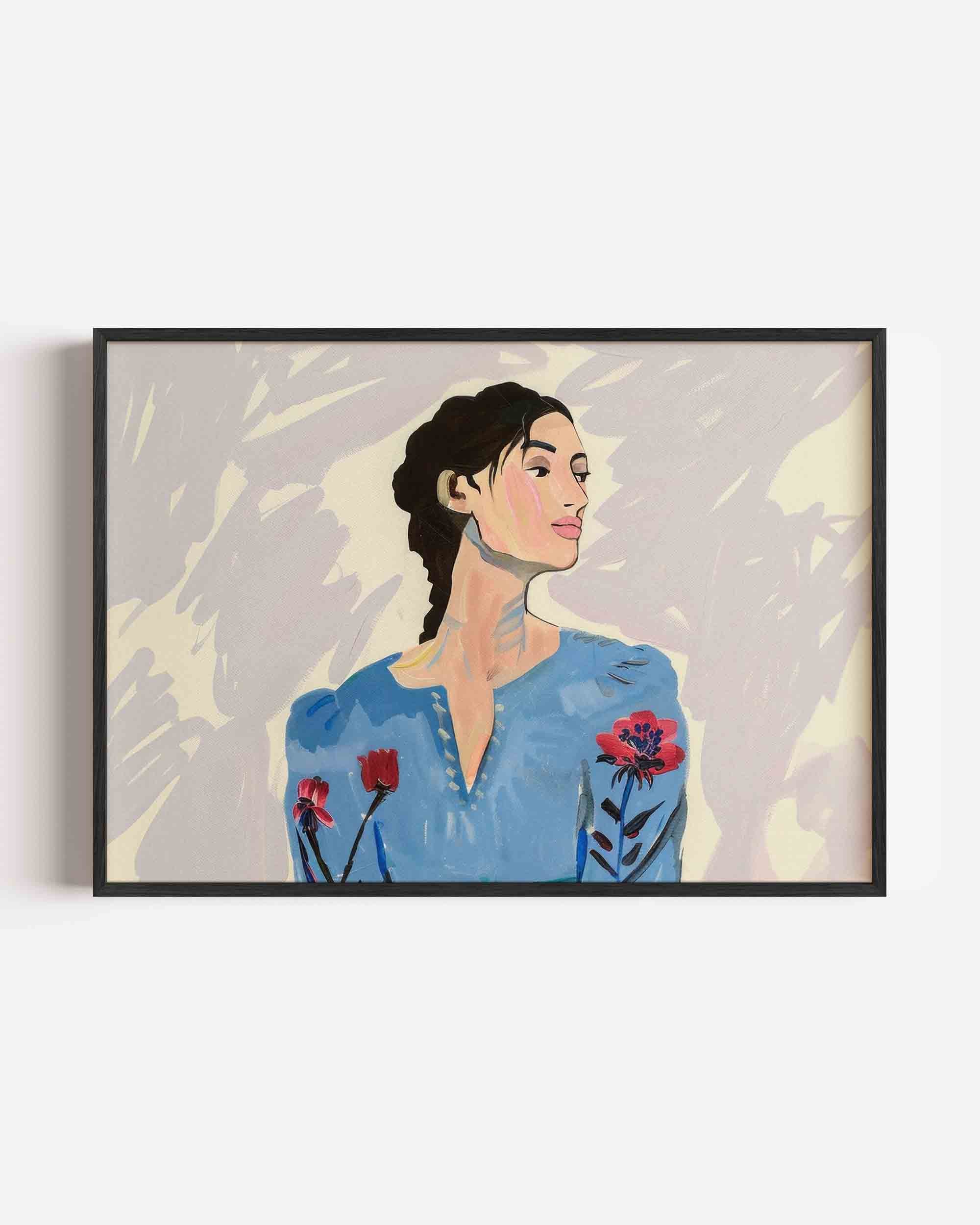 Vrouw in blauwe jurk Poster