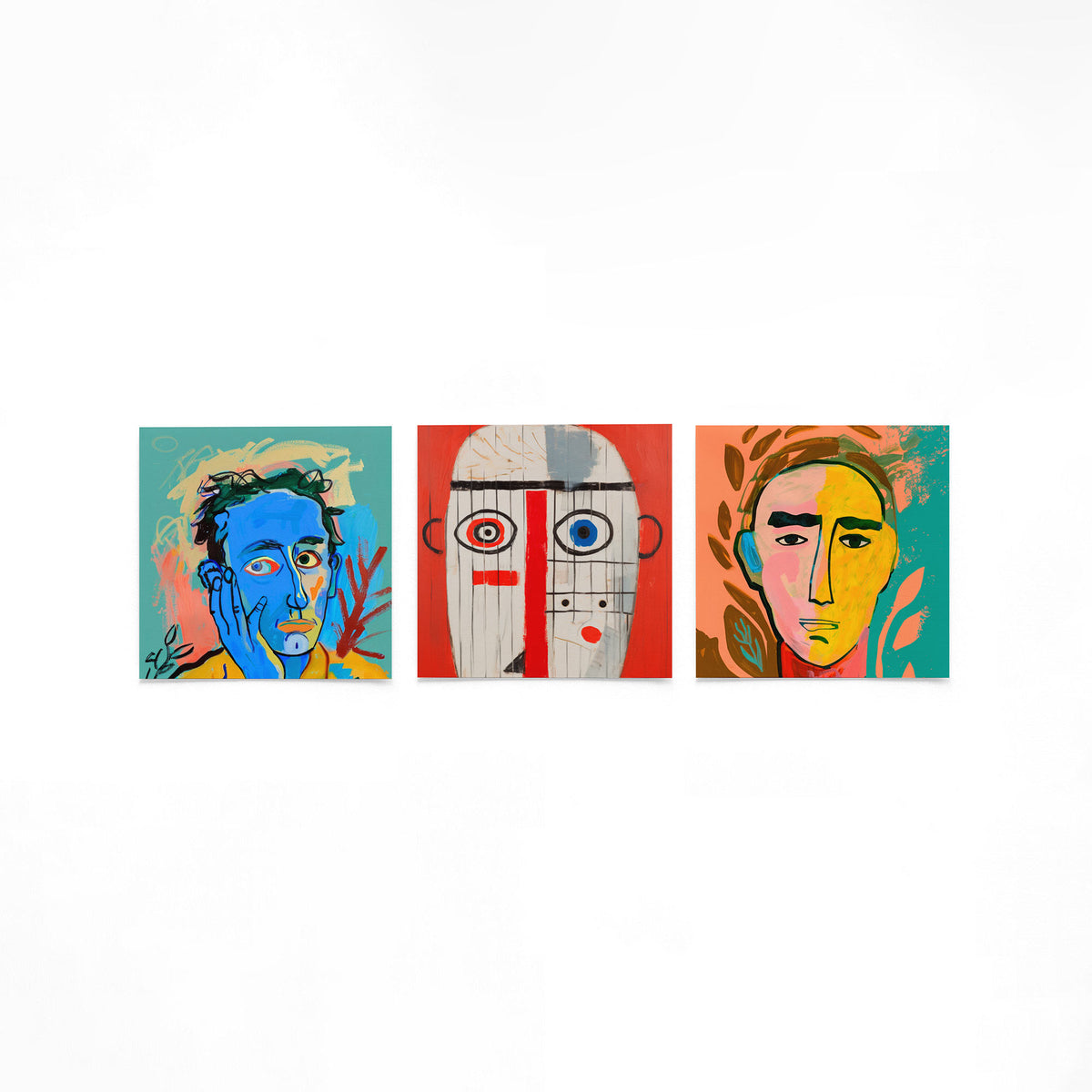 Drie vierkante posters met abstracte gezichten op een gebroken witte achtergrond