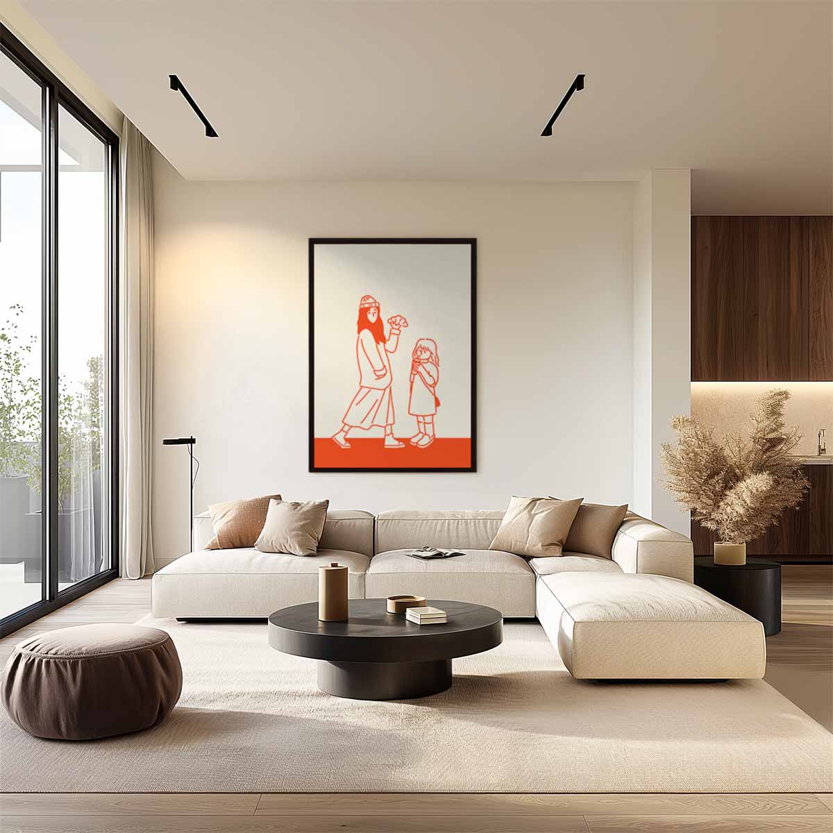 Vrolijke Wandeling in Oranje Kunstwerk-canvas-dibond-plexiglas-wanddecoratie-WallArtistic