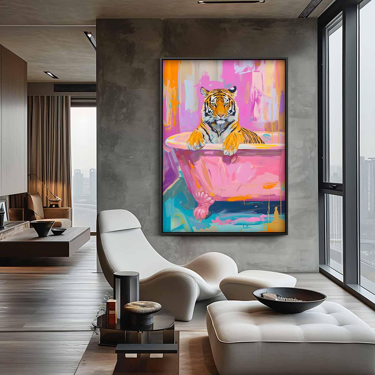 Tijger in de Roze Badkuip Kunstwerk-canvas-dibond-plexiglas-wanddecoratie-WallArtistic