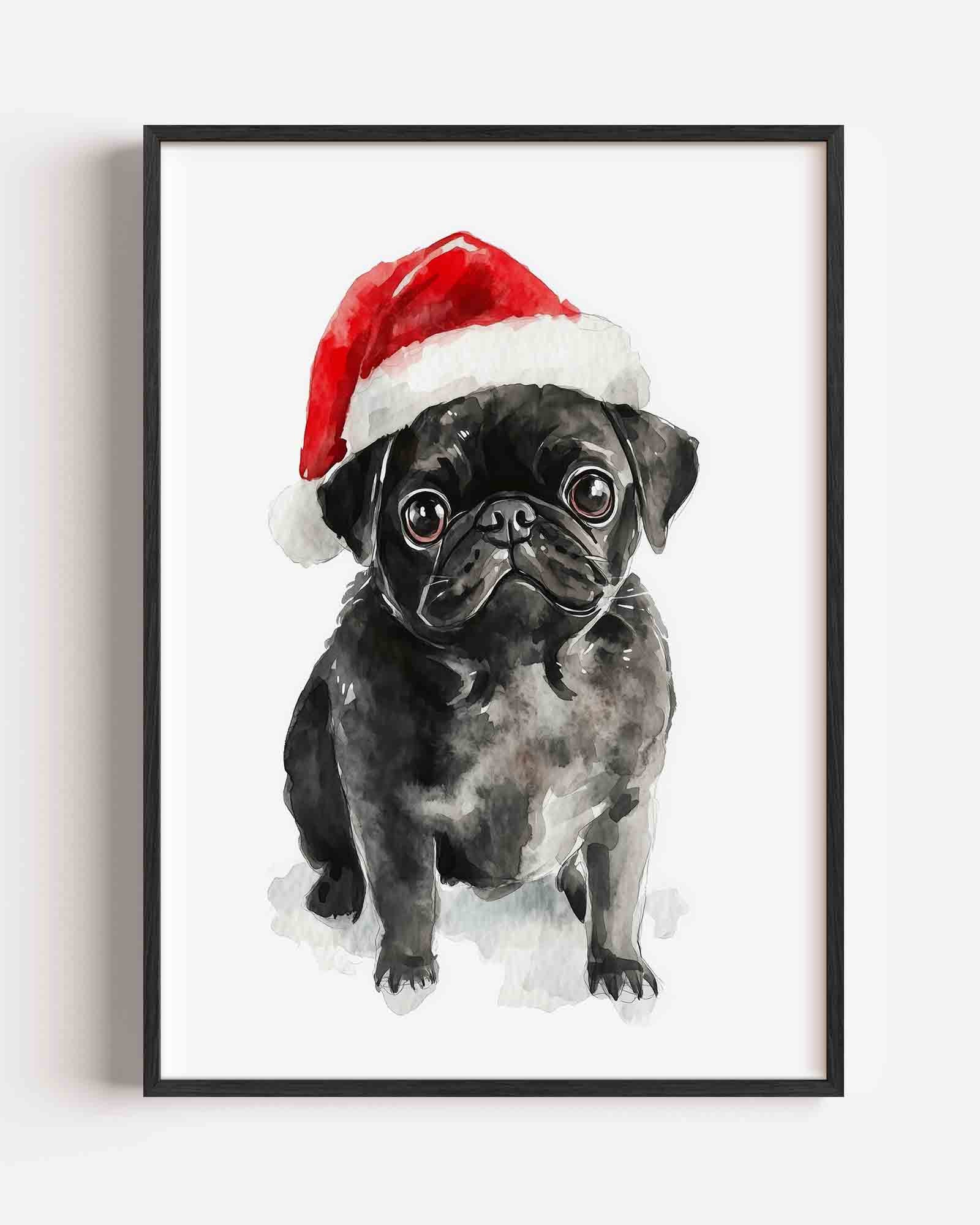 Mopshond met kerstmuts Poster