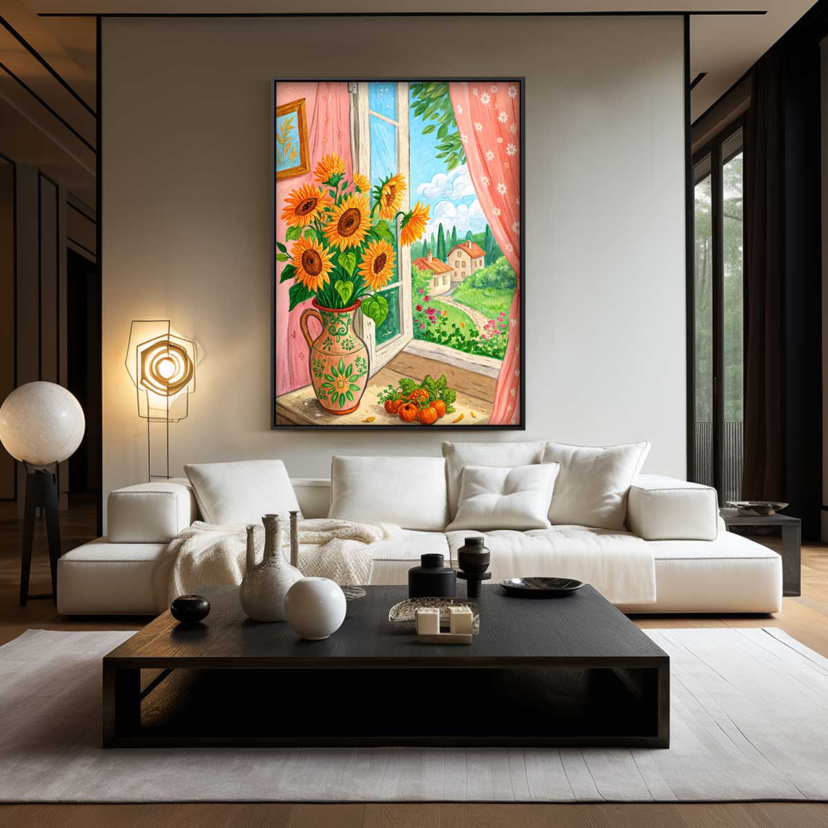 Zonnige Zonnebloemen aan het Raam Kunstwerk-canvas-dibond-plexiglas-wanddecoratie-WallArtistic