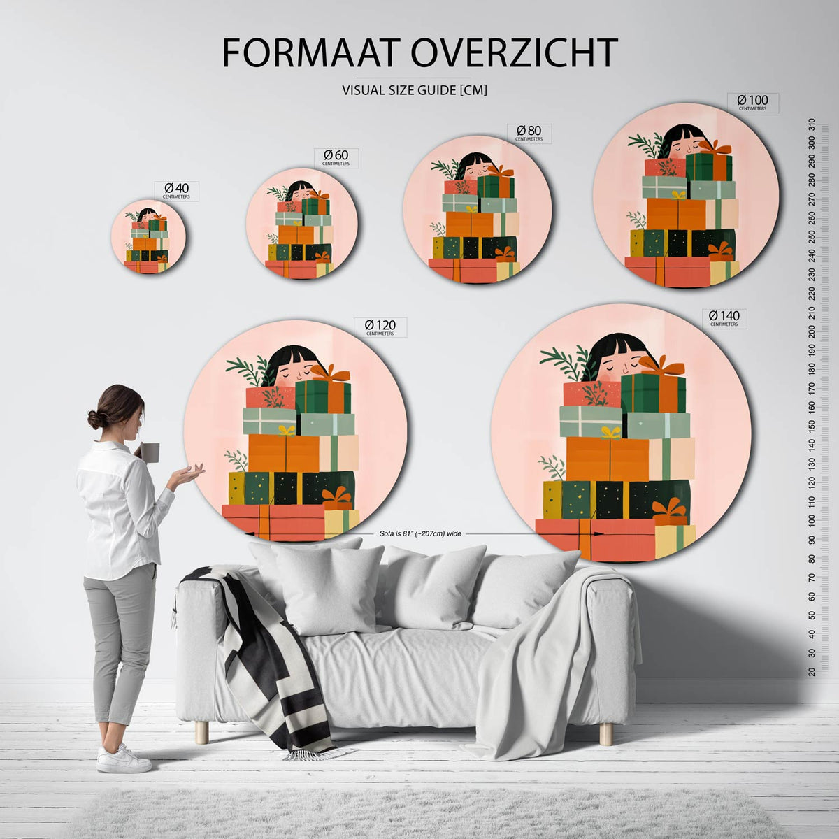 Cadeaus en bladeren Muurcirkel – extra productweergave – Een stapel kleurrijke cadeaus met bladeren op een zachte roze