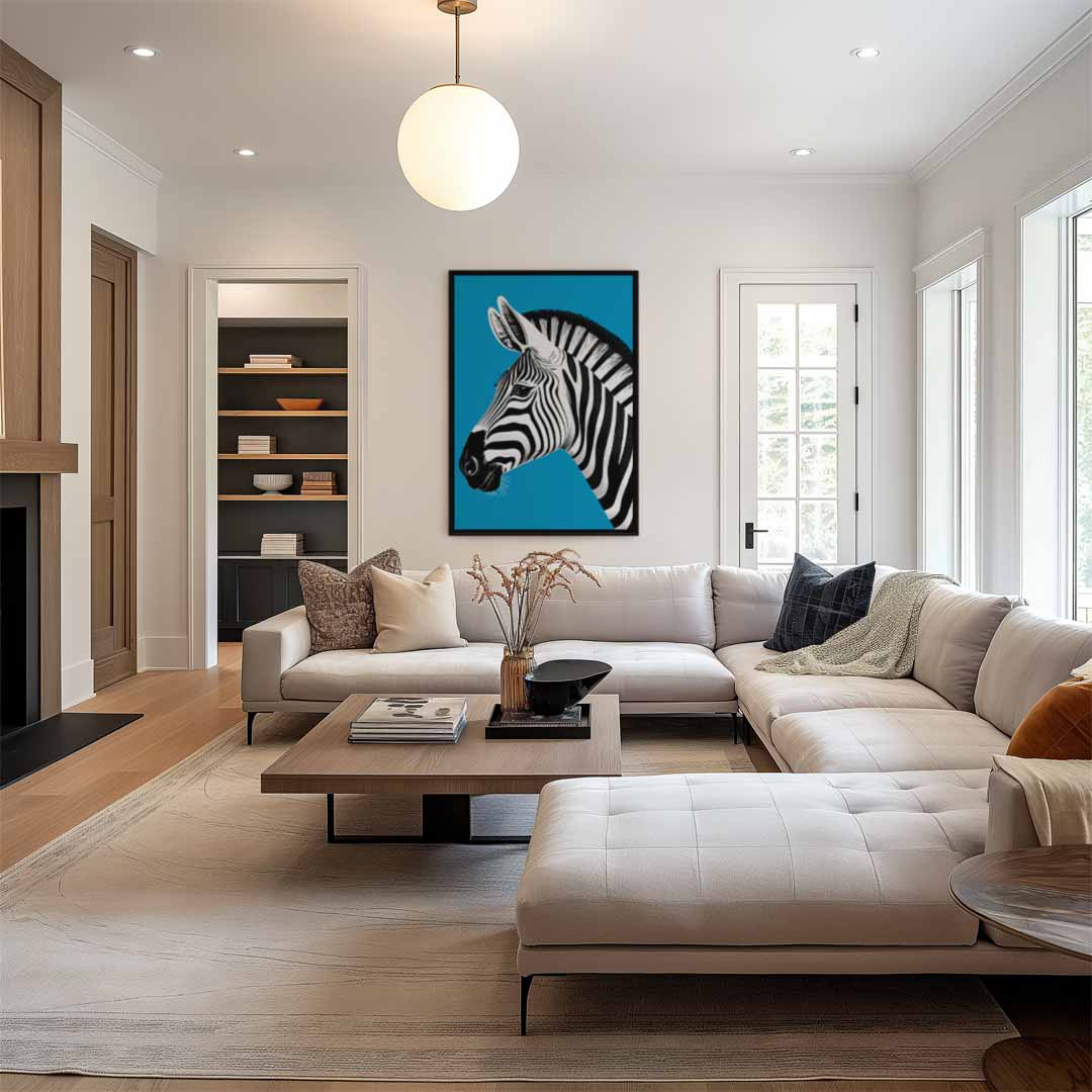 Zebra in het Blauw Kunstwerk-canvas-dibond-plexiglas-wanddecoratie-WallArtistic