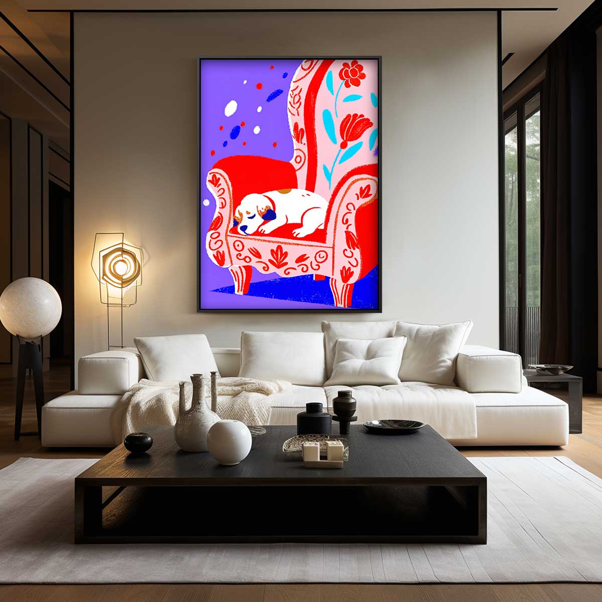 Slapende Hond op Rood Stoel Kunstwerk-canvas-dibond-plexiglas-wanddecoratie-WallArtistic