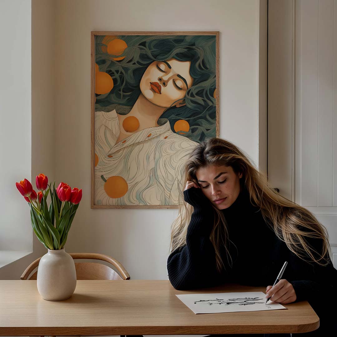 Dromerige Vrouw met Sinaasappels Poster-WallArtistic