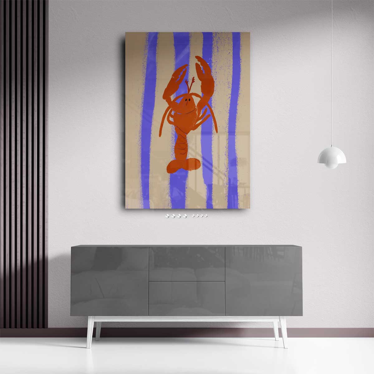 Dansende Kreeft op Streepjesachtergrond Kunstwerk-canvas-dibond-plexiglas-wanddecoratie-WallArtistic
