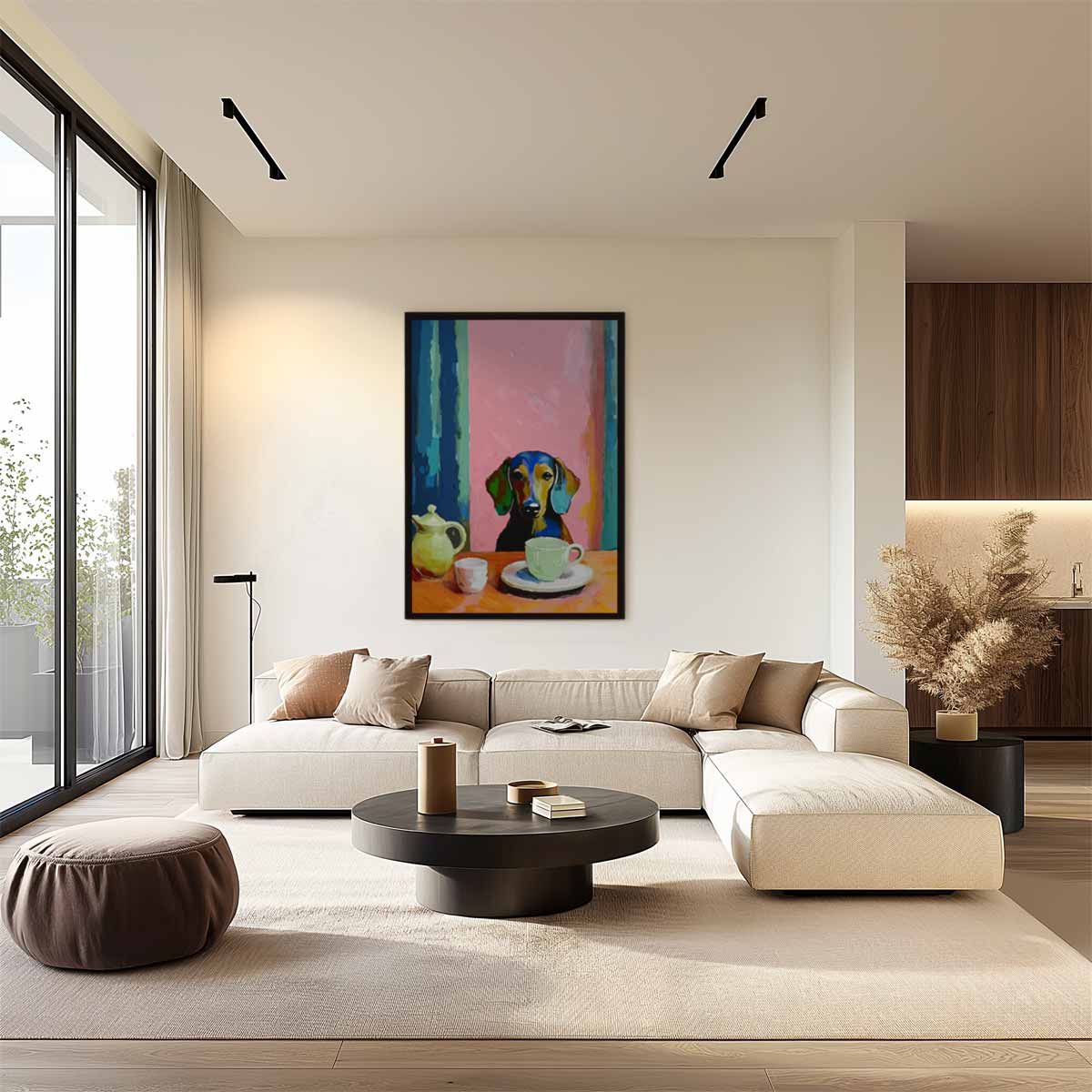 Koffiepauze met Teckel Kunstwerk-canvas-dibond-plexiglas-wanddecoratie-WallArtistic