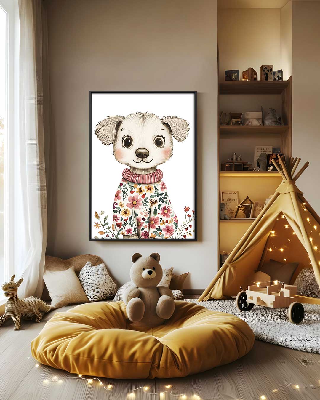 Lieve Hond met Bloemenoutfit Kunstwerk-canvas-dibond-plexiglas-wanddecoratie-WallArtistic