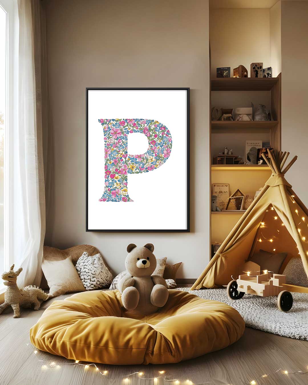 Bloemenpracht Letter P Kunstwerk-canvas-dibond-plexiglas-wanddecoratie-WallArtistic
