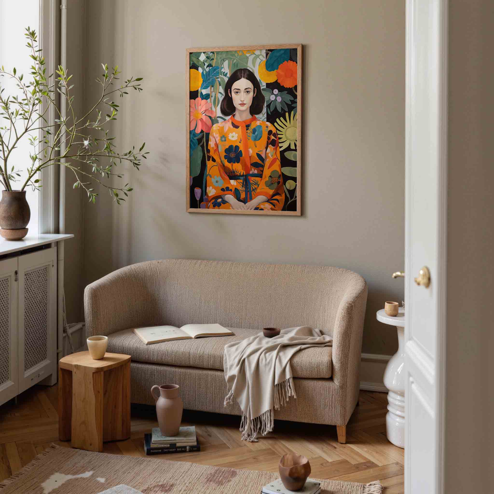 Vrouw in bloemenjurk Poster