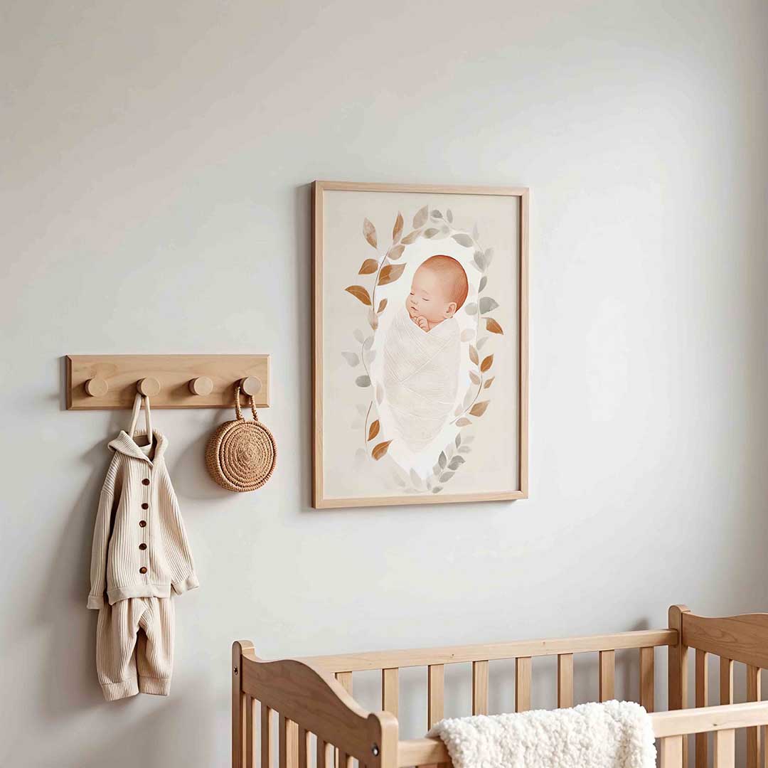 Slapende baby met bladeren Poster