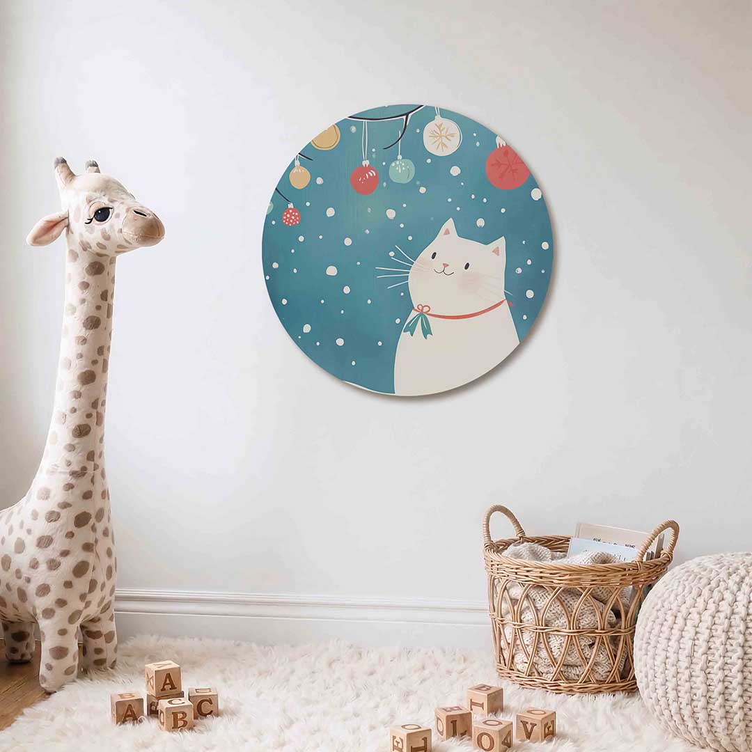 Witte kat met kerstballen Muurcirkel