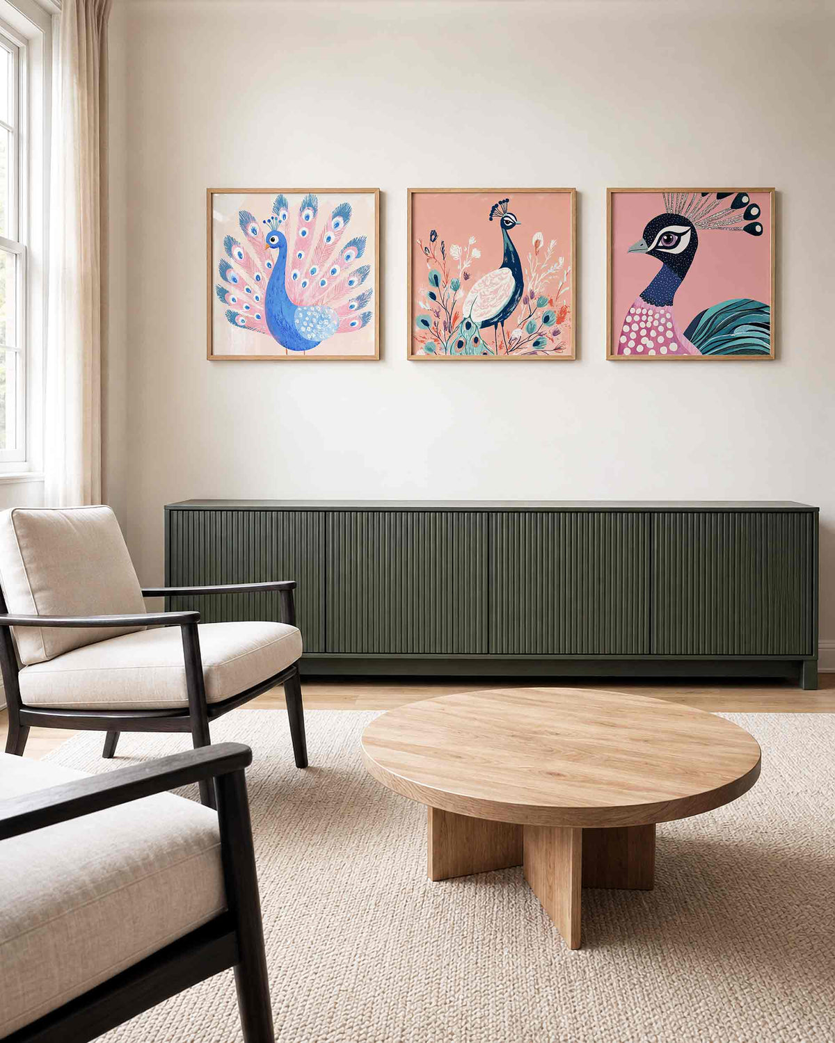 Interieurpresentatie van een driedelige vierkante posterset met kleurrijke pauwen