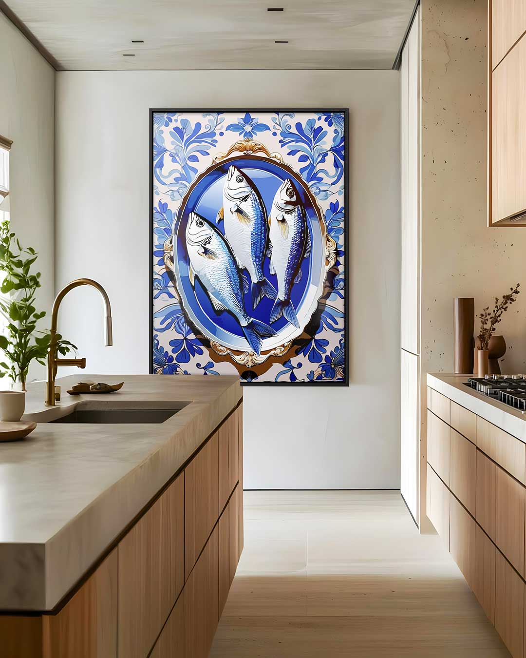 Vissen op Blauw Keramiek Kunstwerk-canvas-dibond-plexiglas-wanddecoratie-WallArtistic