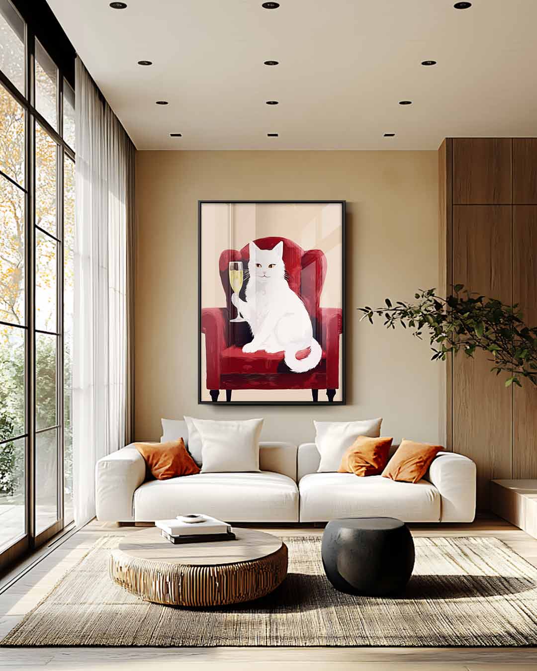 Aristocratische Kat op Rode Fauteuil Kunstwerk-canvas-dibond-plexiglas-wanddecoratie-WallArtistic