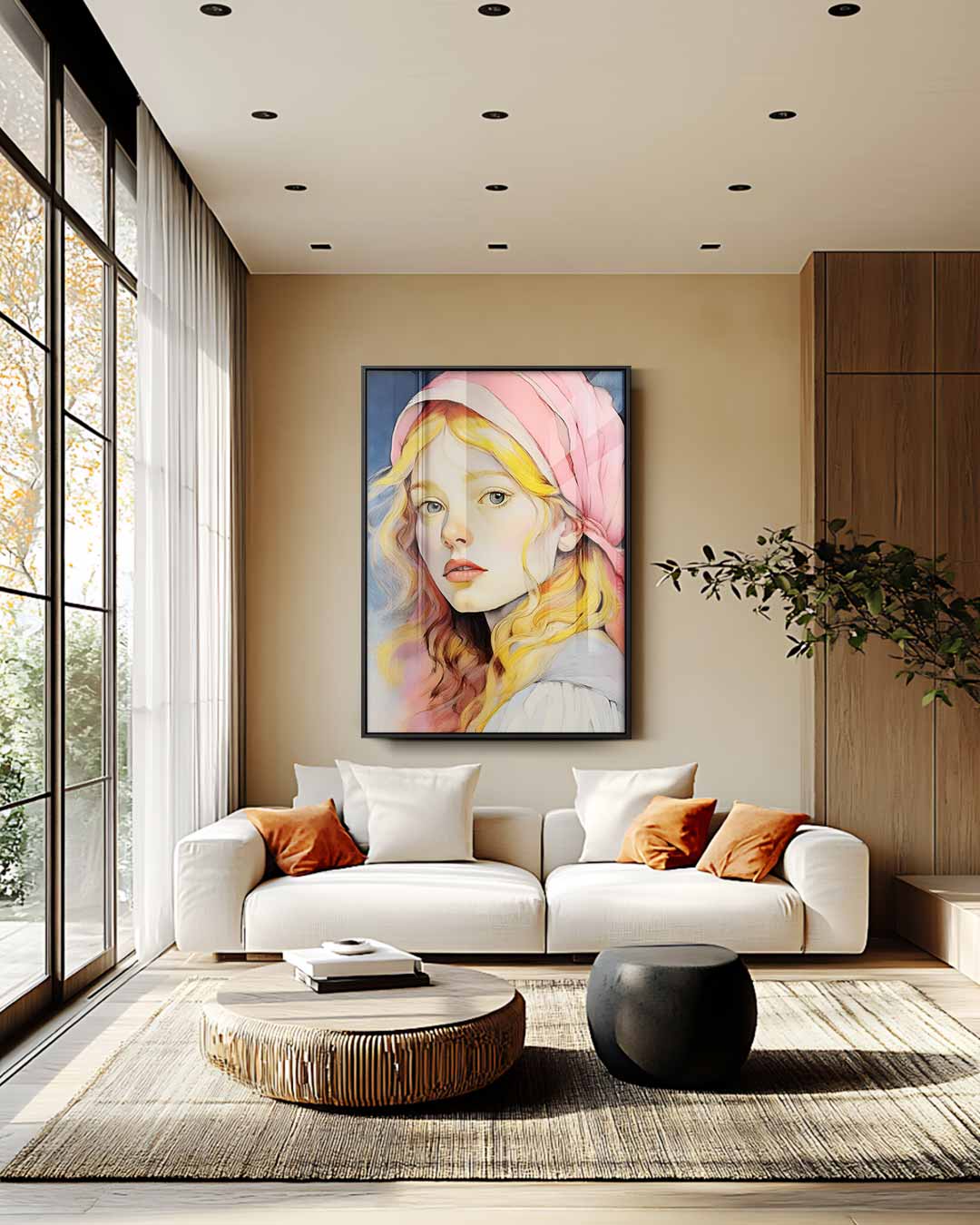Dromerige Meisje met Roze Hoofddoek Kunstwerk-canvas-dibond-plexiglas-wanddecoratie-WallArtistic