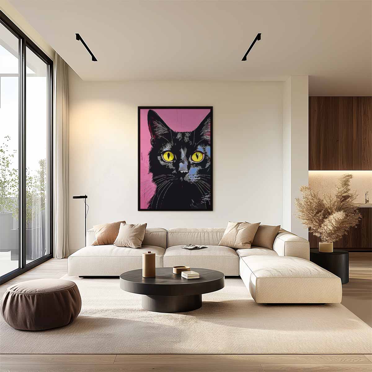 Kat met Gele Ogen op Roze Achtergrond Kunstwerk