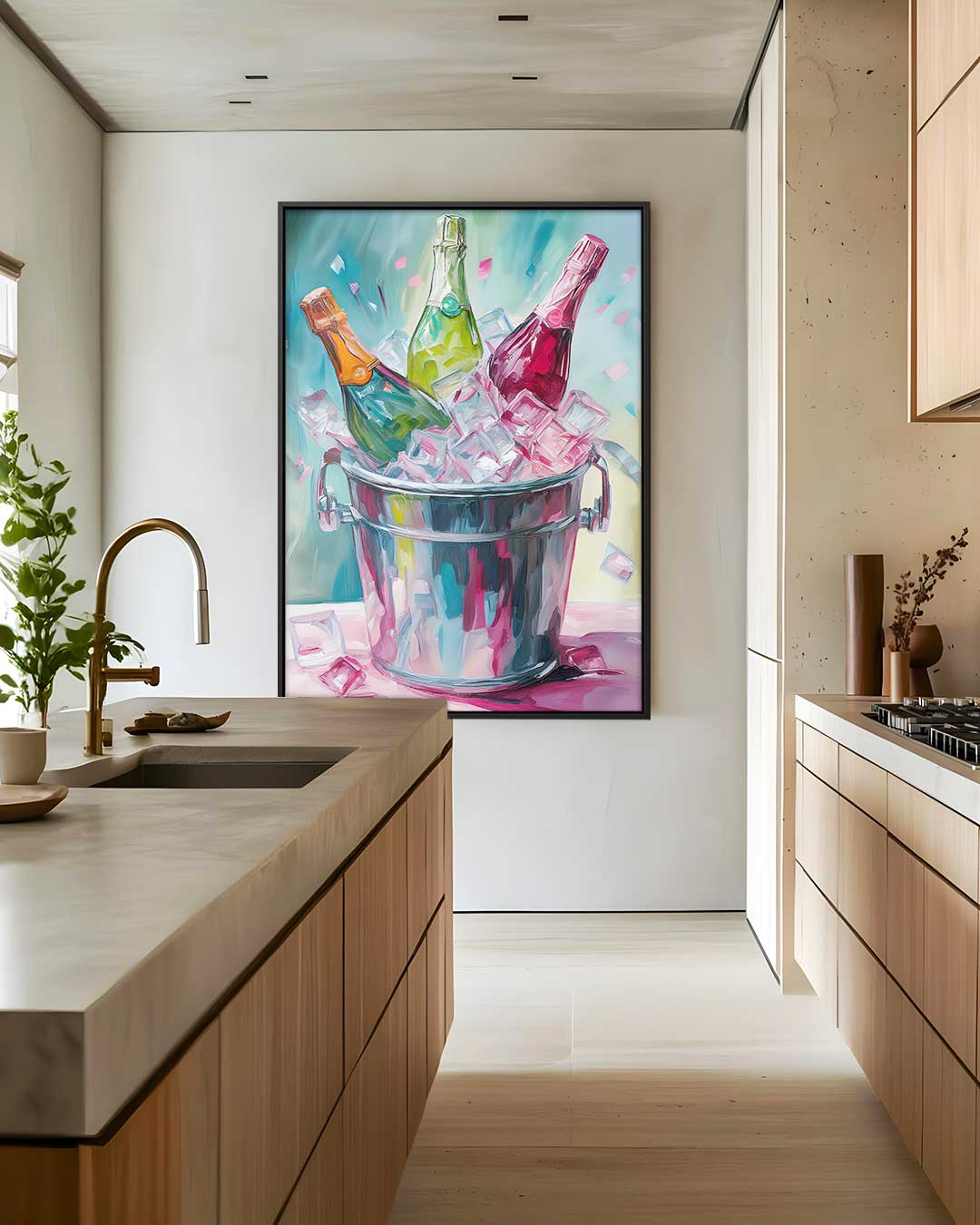 Drie Champagneflessen op IJs Kunstwerk-canvas-dibond-plexiglas-wanddecoratie-WallArtistic