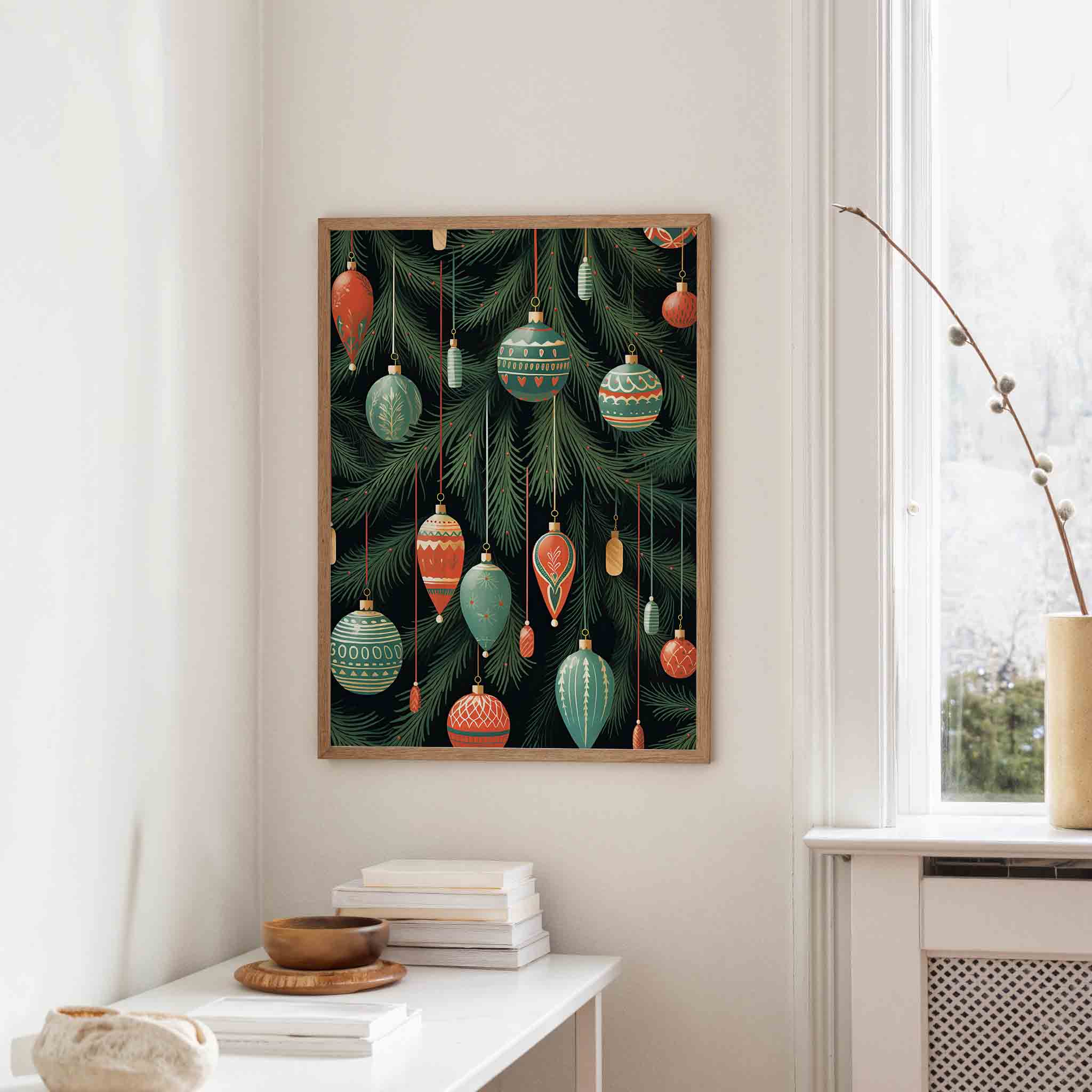 Kerstballen en dennentakken Poster