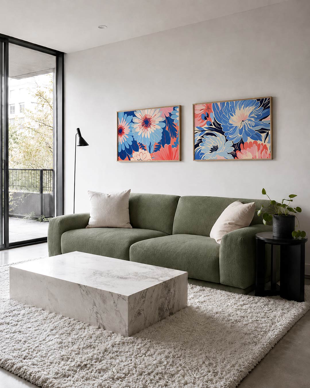 Tweedelige posterset met grote bloemen in blauw, roze en wit vullen het beeld, getoond in een interieur