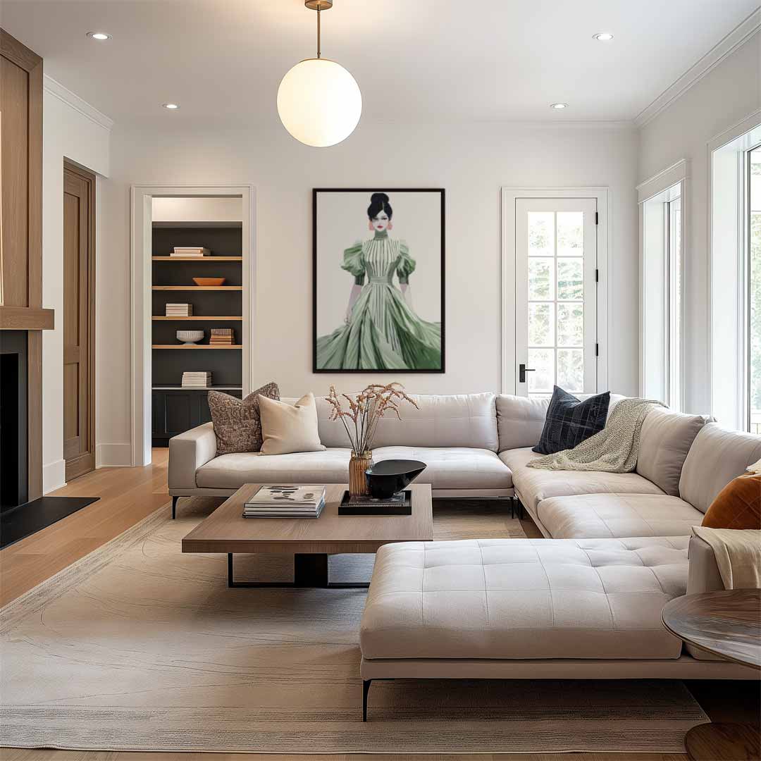 Elegante Mode Illustratie van Vrouw in Groene Jurk Kunstwerk-canvas-dibond-plexiglas-wanddecoratie-WallArtistic