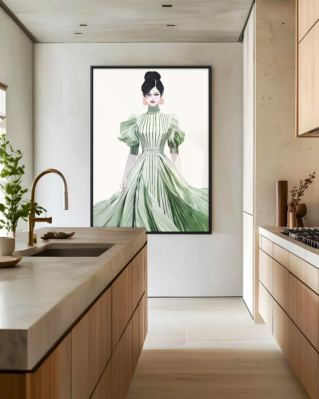 Elegante Mode Illustratie van Vrouw in Groene Jurk Kunstwerk-canvas-dibond-plexiglas-wanddecoratie-WallArtistic