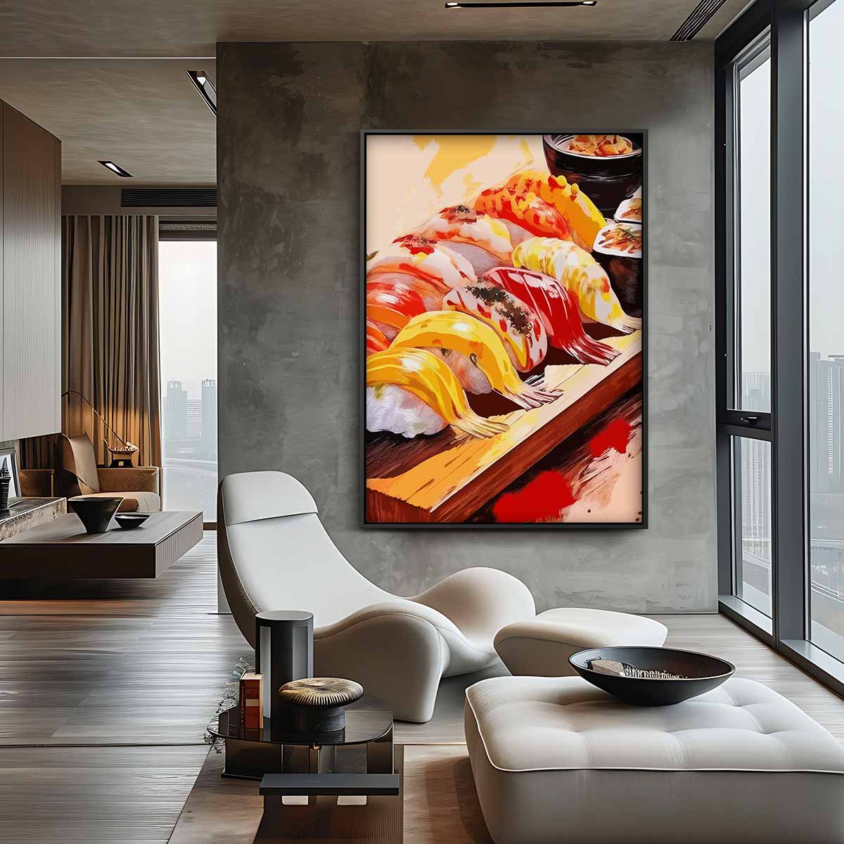 Kleurrijke Sushi Expressie Kunstwerk-canvas-dibond-plexiglas-wanddecoratie-WallArtistic