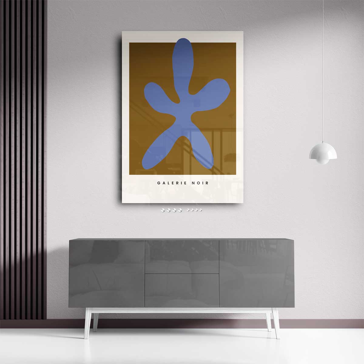 Blauwe Abstracte Vormen op Oker Kunstwerk-canvas-dibond-plexiglas-wanddecoratie-WallArtistic
