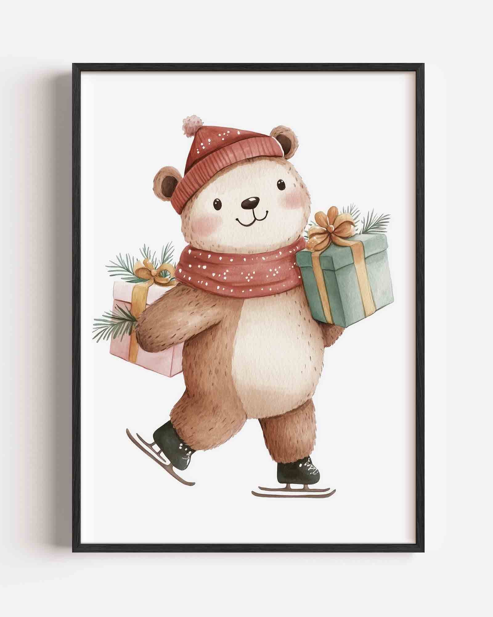 Schaatsende beer met cadeaus Poster