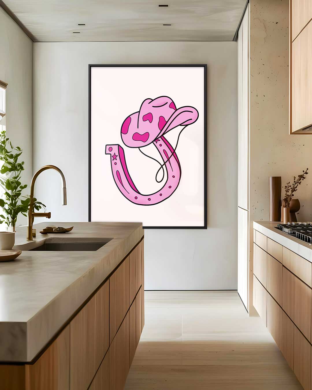 Roze Cowboyhoed en Hoefijzer Illustratie Kunstwerk-canvas-dibond-plexiglas-wanddecoratie-WallArtistic