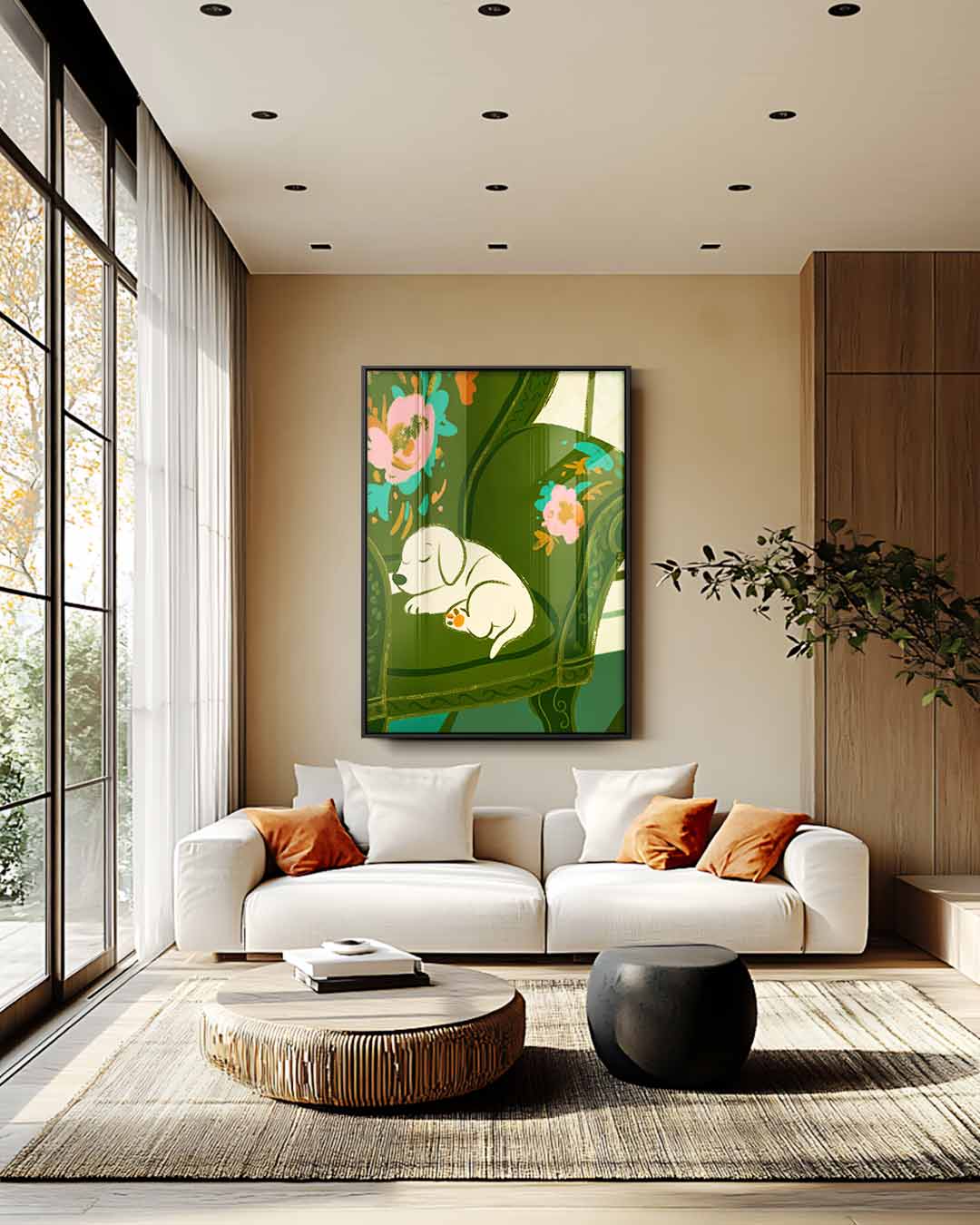 Slaapende Pup op Gebloemde Stoel Kunstwerk-canvas-dibond-plexiglas-wanddecoratie-WallArtistic