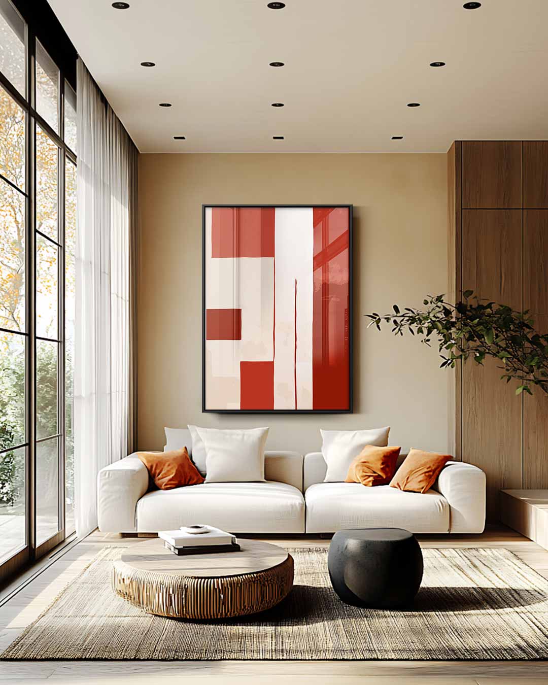 Abstracte Rood-Beige Compositie Kunstwerk-canvas-dibond-plexiglas-wanddecoratie-WallArtistic