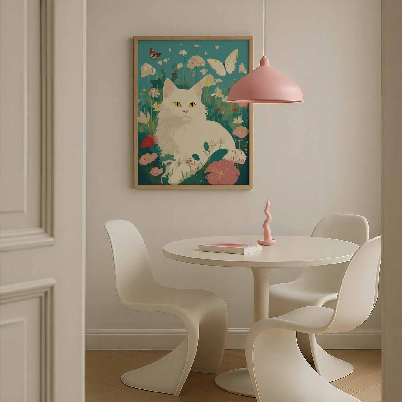 Vrolijke Kat in Bloementuin Poster