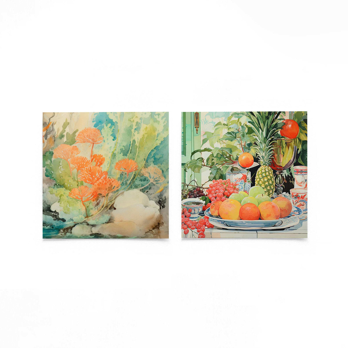 Twee vierkante posters met bloemen en fruit op een gebroken witte achtergrond